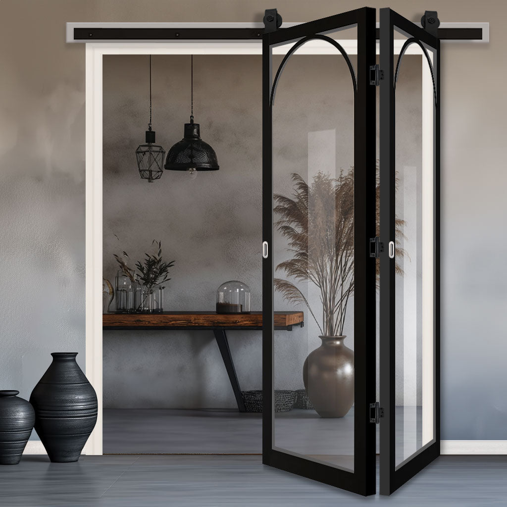 Sliding Top Mounted Black Folding Track & Double Door - Melrose Black Internal Door - Clear Glass - Prefinished