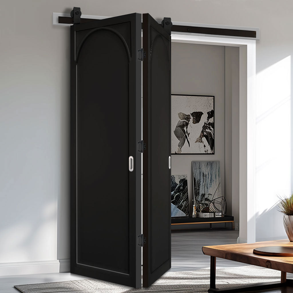 Sliding Top Mounted Black Folding Track & Double Door - Melrose Panel Black Internal Door - Prefinished