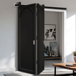 Image: Sliding Top Mounted Black Folding Track & Double Door - Melrose Panel Black Internal Door - Prefinished