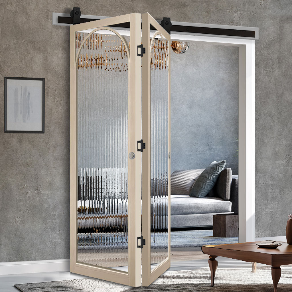 Sliding Top Mounted Black Folding Track & Double Door - Melrose Blonde Oak Internal Door - Reeded Glass - Prefinished