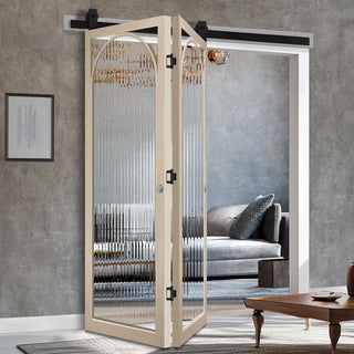 Image: Sliding Top Mounted Black Folding Track & Double Door - Melrose Blonde Oak Internal Door - Reeded Glass - Prefinished