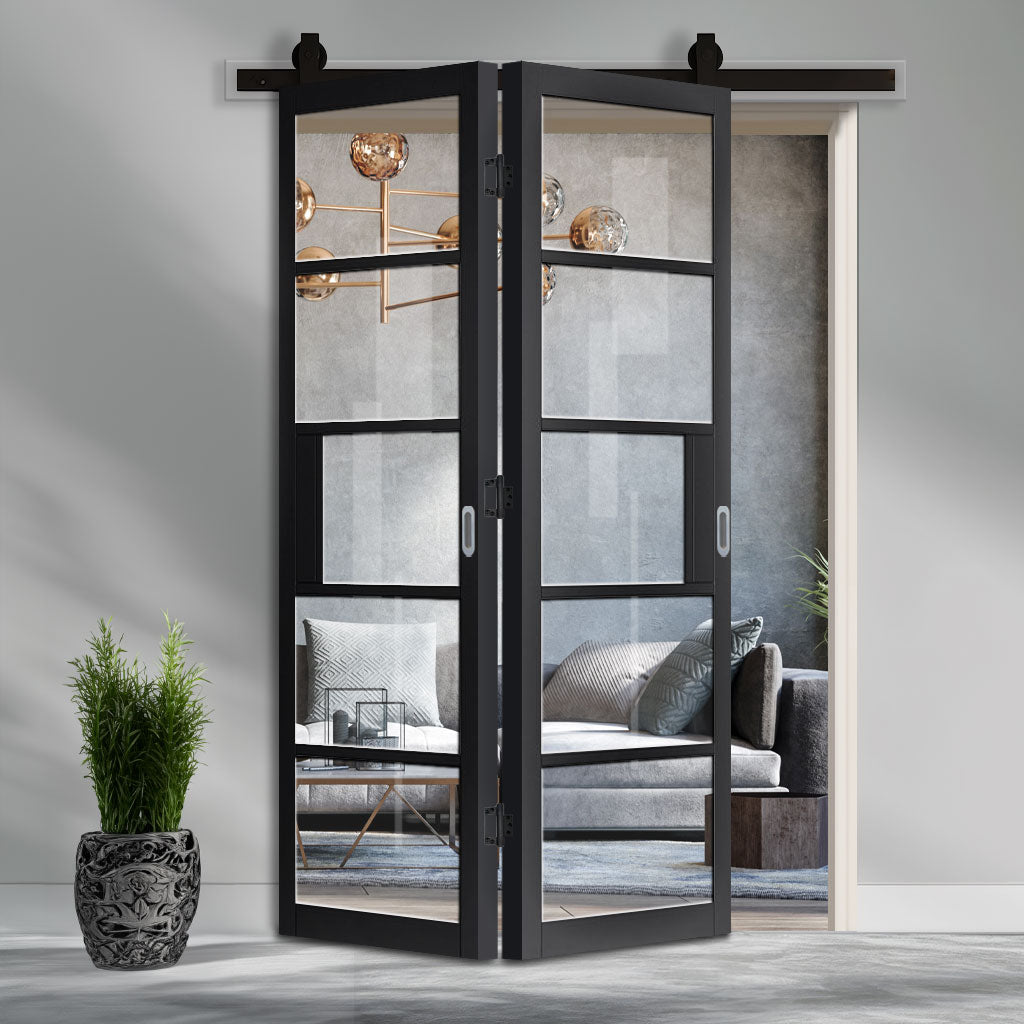 Sliding Top Mounted Black Folding Track & Double Door - Industrial Metro Black Internal Door - Clear Glass - Prefinished