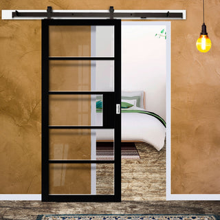 Image: Top Mounted Black Sliding Track & Door - Industrial Metro Black Internal Door - Clear Glass - Prefinished