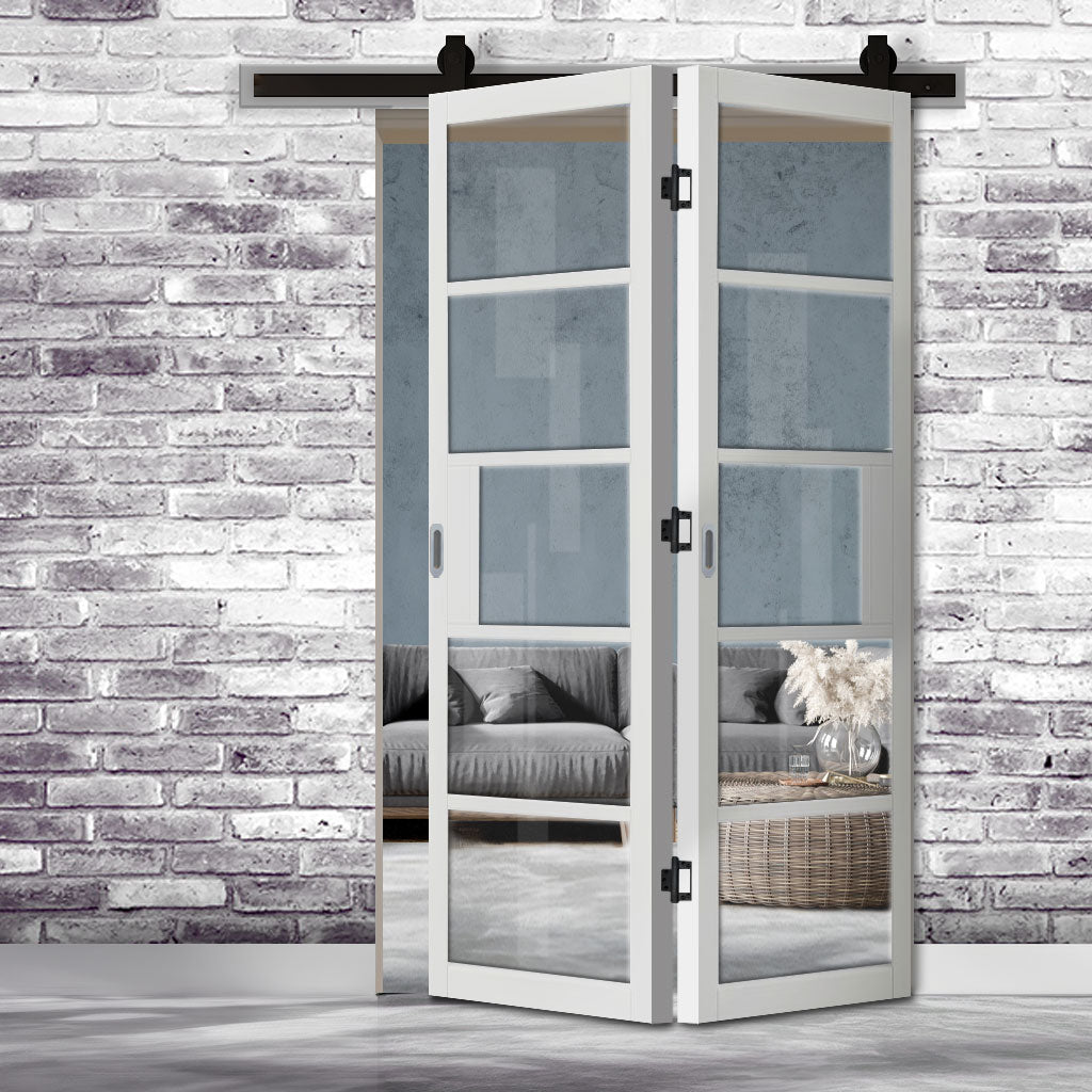 Sliding Top Mounted Black Folding Track & Double Door - Industrial Metro White Internal Door - Clear Glass - Prefinished