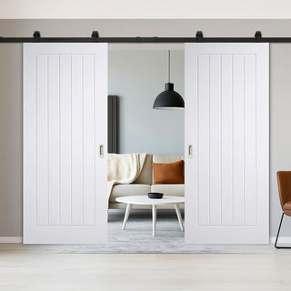 Image: Top Mounted Black Sliding Track & Double Door - Mexicano Internal Door - Vertical Lining - White Primed