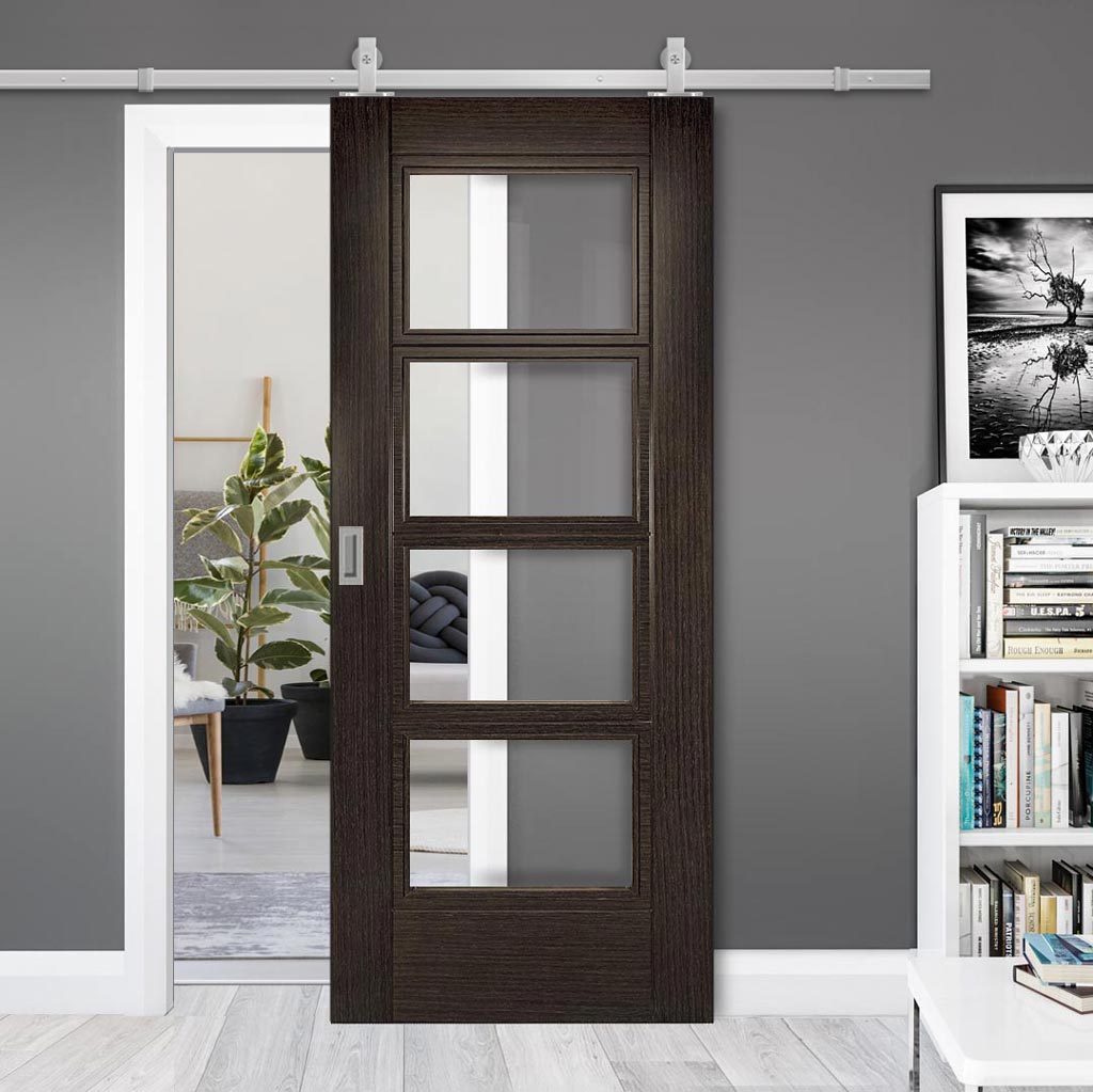 Top Mounted Stainless Steel Sliding Track & Montreal Prefinished Dark Grey Ash Door - Clear Glass