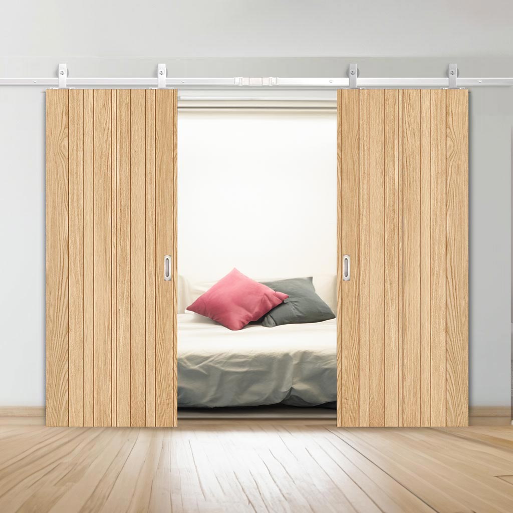 Top Mounted Stainless Steel Sliding Track & Double Door - Montreal Oak Flush Internal Doors - Prefinished