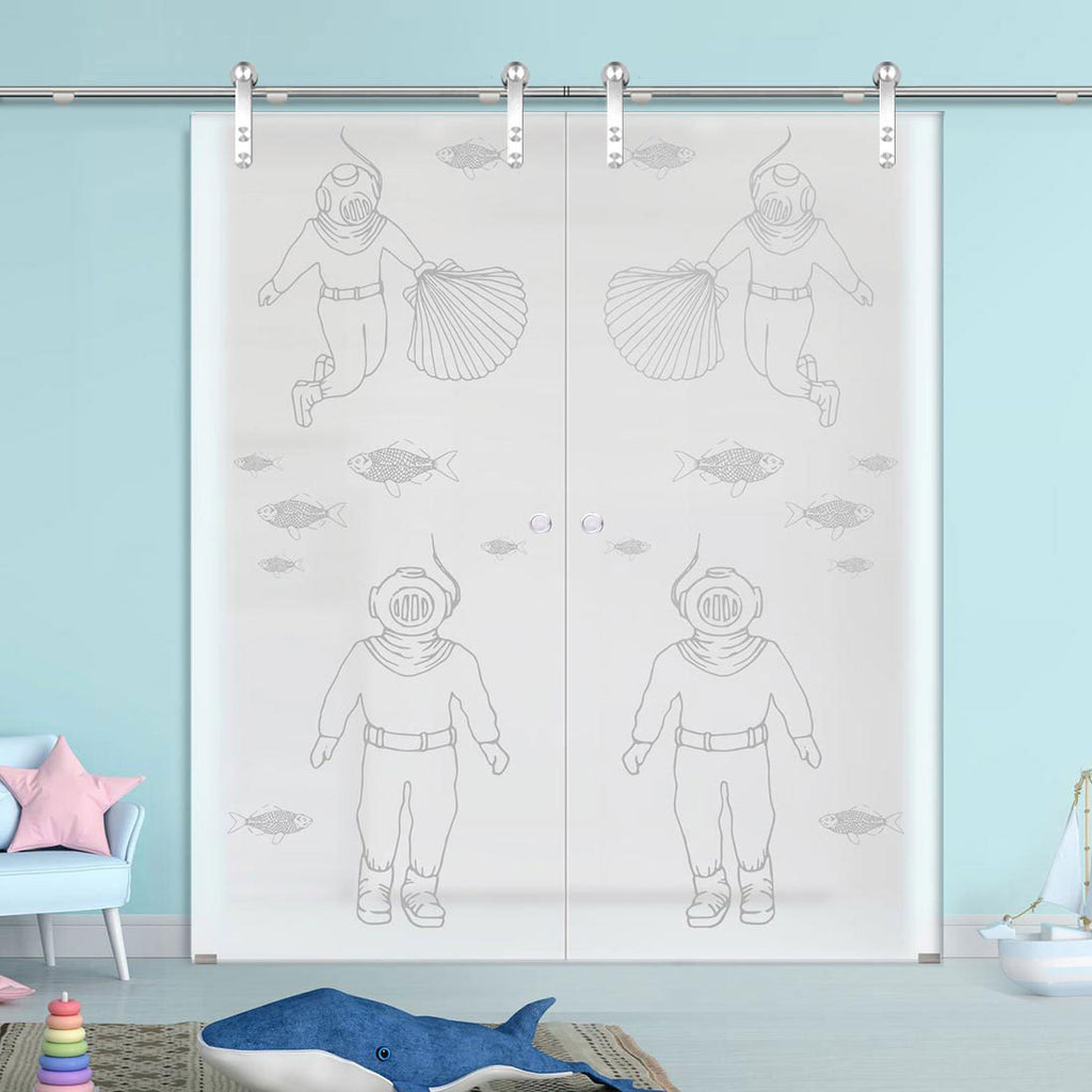 Double Glass Sliding Door - Solaris Tubular Stainless Steel Sliding Track & Pacific 8mm Obscure Glass - Obscure Printed Design