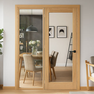 Image: Oak Room Divider - Pattern 10 with Clear Glass Unfinished Door with Full Glass Side