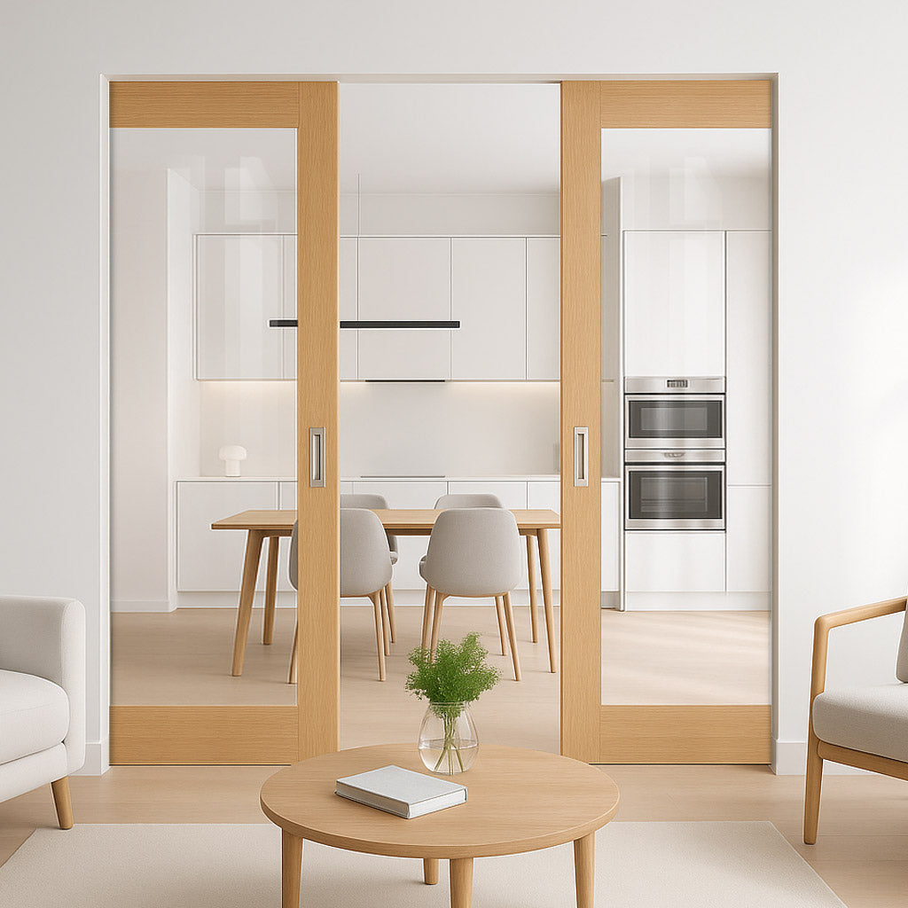 Pattern 10 Style Oak Double Absolute Evokit Pocket Door - Clear Glass - Unfinished