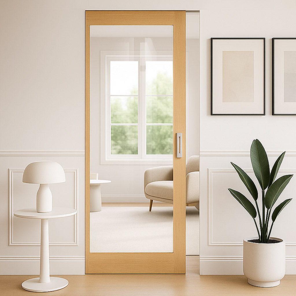 Pattern 10 Style Oak Single Absolute Evokit Pocket Door - Clear Glass - Unfinished
