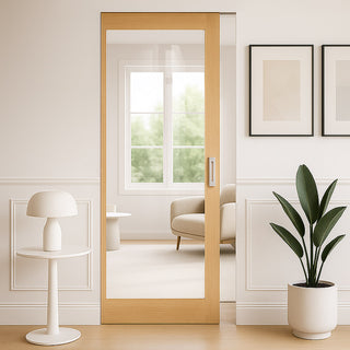 Image: Pattern 10 Style Oak Single Absolute Evokit Pocket Door - Clear Glass - Unfinished