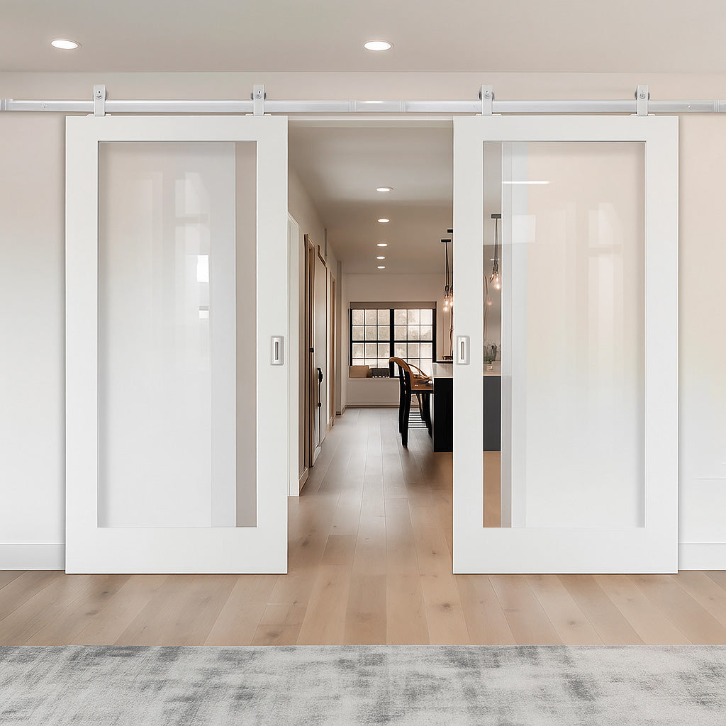 Top Mounted Stainless Steel Sliding Track & Double Door - Pattern 10 Style Internal Door - White Primed - Clear Glass