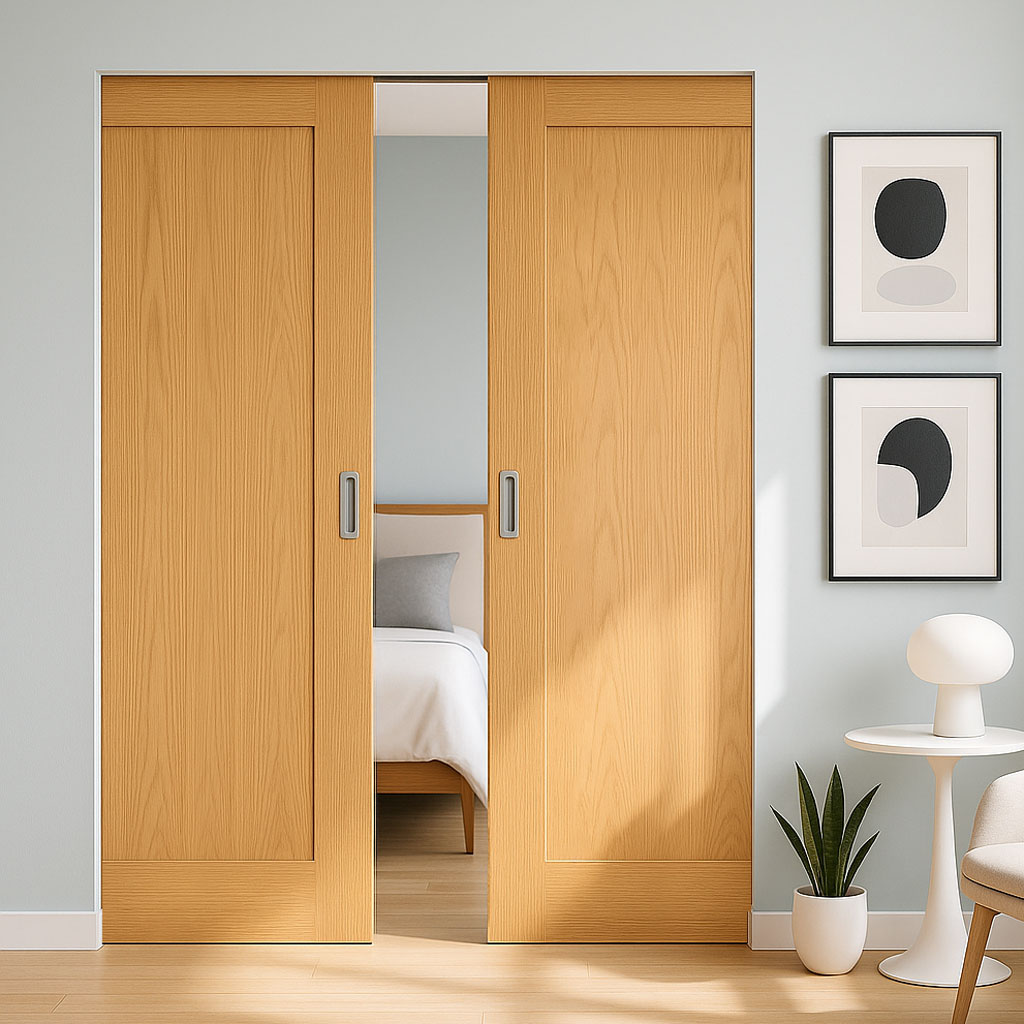 Pattern 10 Style Panel Oak Double Absolute Evokit Pocket Door - Unfinished
