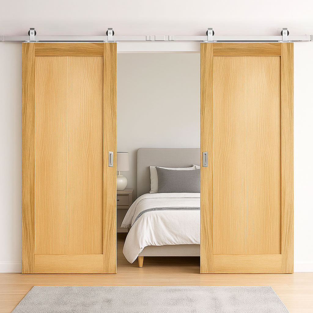 Top Mounted Stainless Steel Sliding Track & Double Door - Pattern 10 Style Oak Panel Internal Door - Unfinished