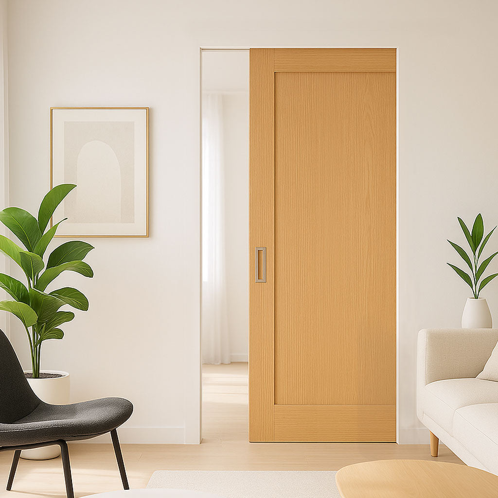 Pattern 10 Style Panel Oak Absolute Evokit Pocket Door - Unfinished