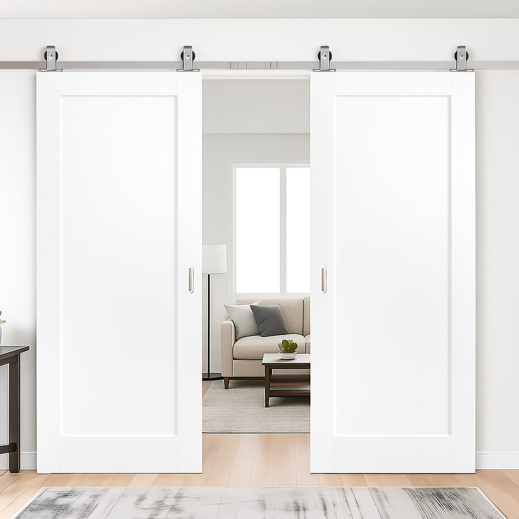 Top Mounted Stainless Steel Sliding Track & Double Door - Pattern 10 Style Panel Internal Door - White Primed