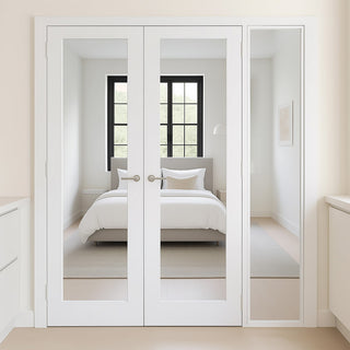 Image: ThruEasi White Room Divider - Pattern 10 with Clear Glass Unfinished Door Pair with Full Glass Side