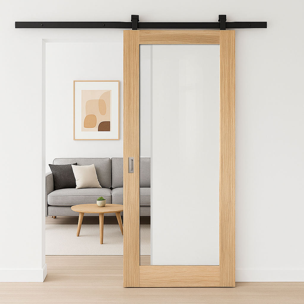Top Mounted Black Sliding Track & Door - Pattern 10 Style Oak Internal Door - Clear Glass