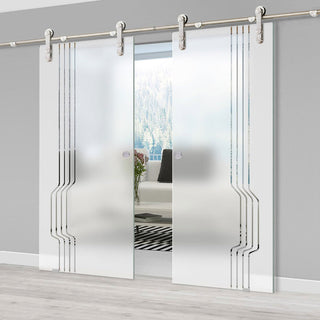 Image: Double Glass Sliding Door - Solaris Tubular Stainless Steel Sliding Track & Polwarth 8mm Obscure Glass - Clear Printed Design