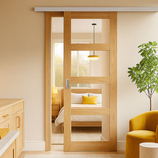 Image: Premium Single Sliding Door & Wall Track - Coventry Oak Door - Clear Glass - Prefinished