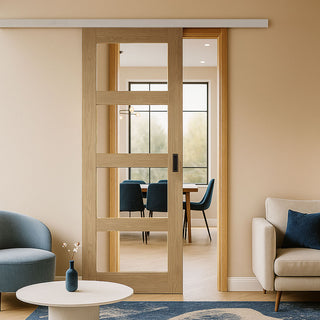Image: Premium Single Sliding Door & Wall Track - Coventry Shaker Style Oak Door - Clear Glass - Unfinished