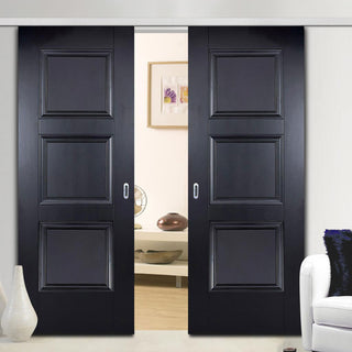 Image: Premium Double Sliding Door & Wall Track - Amsterdam 3 Panel Black Primed Door - Unfinished