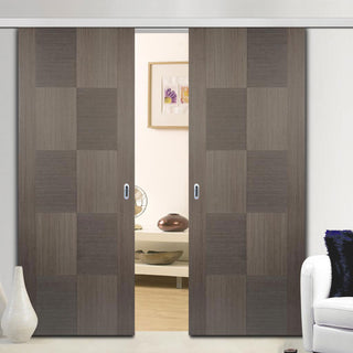 Image: Premium Double Sliding Door & Wall Track - Apollo Flush Chocolate Grey Door - Prefinished