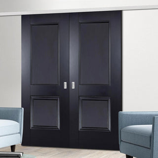 Image: Premium Double Sliding Door & Wall Track - Arnhem 2 Panel Black Primed Door - Unfinished