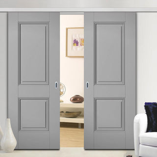 Image: Premium Double Sliding Door & Wall Track - Arnhem 2 Panel Grey Primed Door - Unfinished