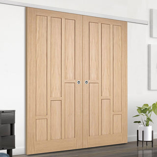 Image: Premium Double Sliding Door & Wall Track - Coventry Contemporary Oak Panel Door - Unfinished