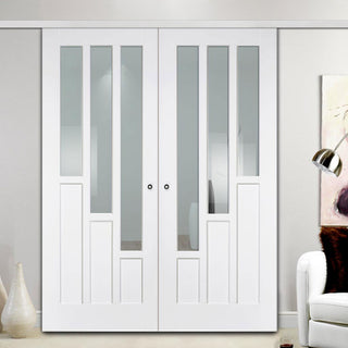 Image: Premium Double Sliding Door & Wall Track - Coventry Door - Clear Glass - White Primed