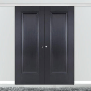 Image: Premium Double Sliding Door & Wall Track - Eindhoven 1 Panel Black Primed Door - Unfinished