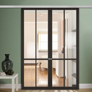 Image: Premium Double Sliding Door & Wall Track - Liberty 4 Pane Door - Clear Glass - Black Primed
