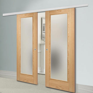 Image: Premium Double Sliding Door & Wall Track - Pattern 10 Oak Door - Frosted Glass - Unfinished