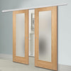 Premium Double Sliding Door & Wall Track - Pattern 10 Oak Door - Frosted Glass - Unfinished