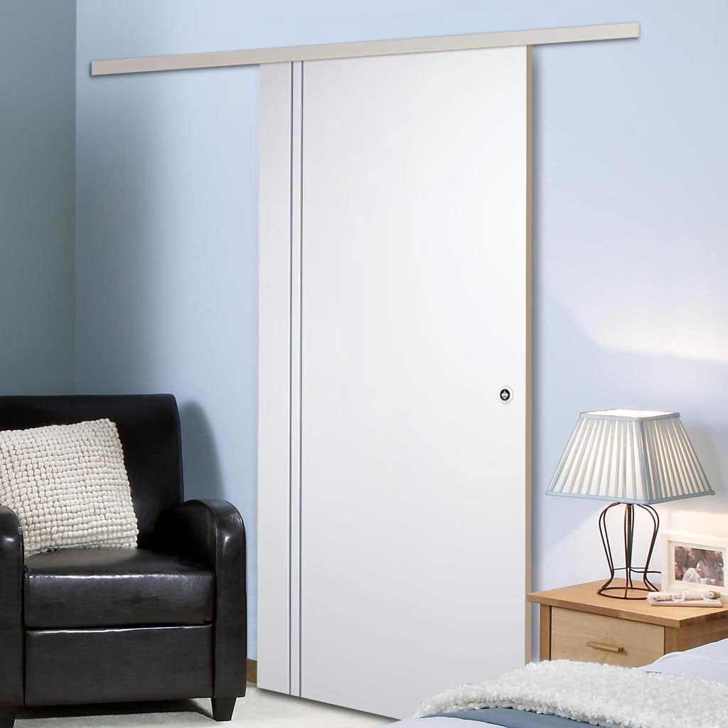 Premium Single Sliding Door & Wall Track - Sierra Blanco Flush Door - White Painted