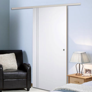 Image: Premium Single Sliding Door & Wall Track - Sierra Blanco Flush Door - White Painted
