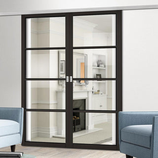 Image: Premium Double Sliding Door & Wall Track - Soho 4 Pane Door - Clear Glass - Black Primed