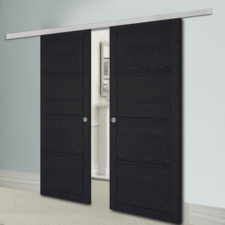 Image: Premium Double Sliding Door & Wall Track - Soho 4 Panel Charcoal Door - Prefinished