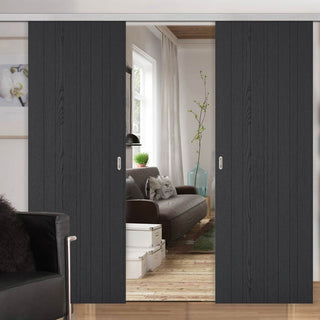 Image: Premium Double Sliding Door & Wall Track - Laminate Montreal Black Door - Prefinished