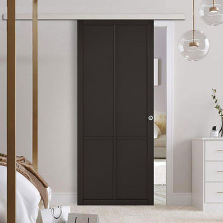 Image: Premium Single Sliding Door & Wall Track - Liberty 4 Panel Door - Black Painted - Prefinished