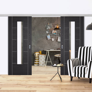 Image: Premium Double Sliding Door & Wall Track - Laminate Vancouver Black Door - Clear Glass - Prefinished