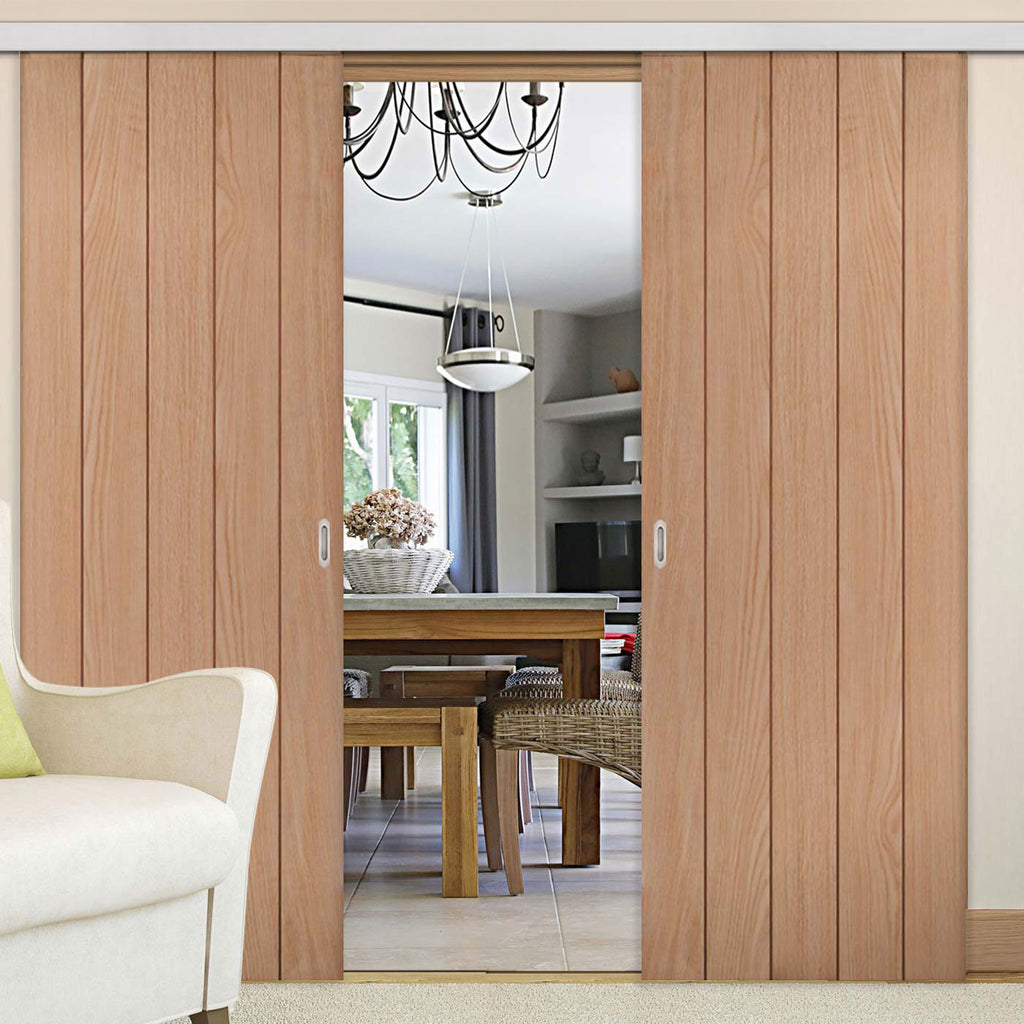 Premium Double Sliding Door & Wall Track - Wexford Oak Panel Door - Unfinished