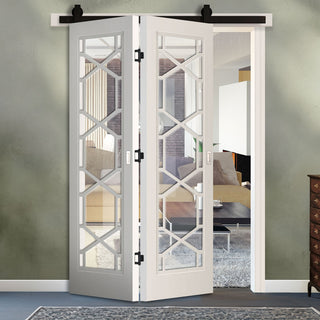 Image: Sliding Top Mounted Black Folding Track & Double Door - Shaker Quartz Glazed Internal Door - White Primed