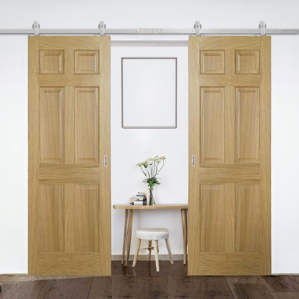 Top Mounted Stainless Steel Sliding Track & Double Door - Regency 6 Panel Oak Doors - Prefinished
