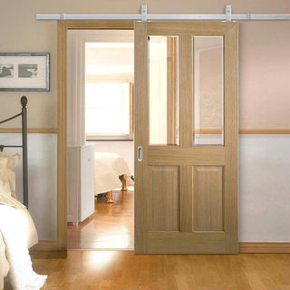 Image: Top Mounted Stainless Steel Sliding Track & Door - Richmond Oak Door - Bevelled Clear Glass - Prefinished