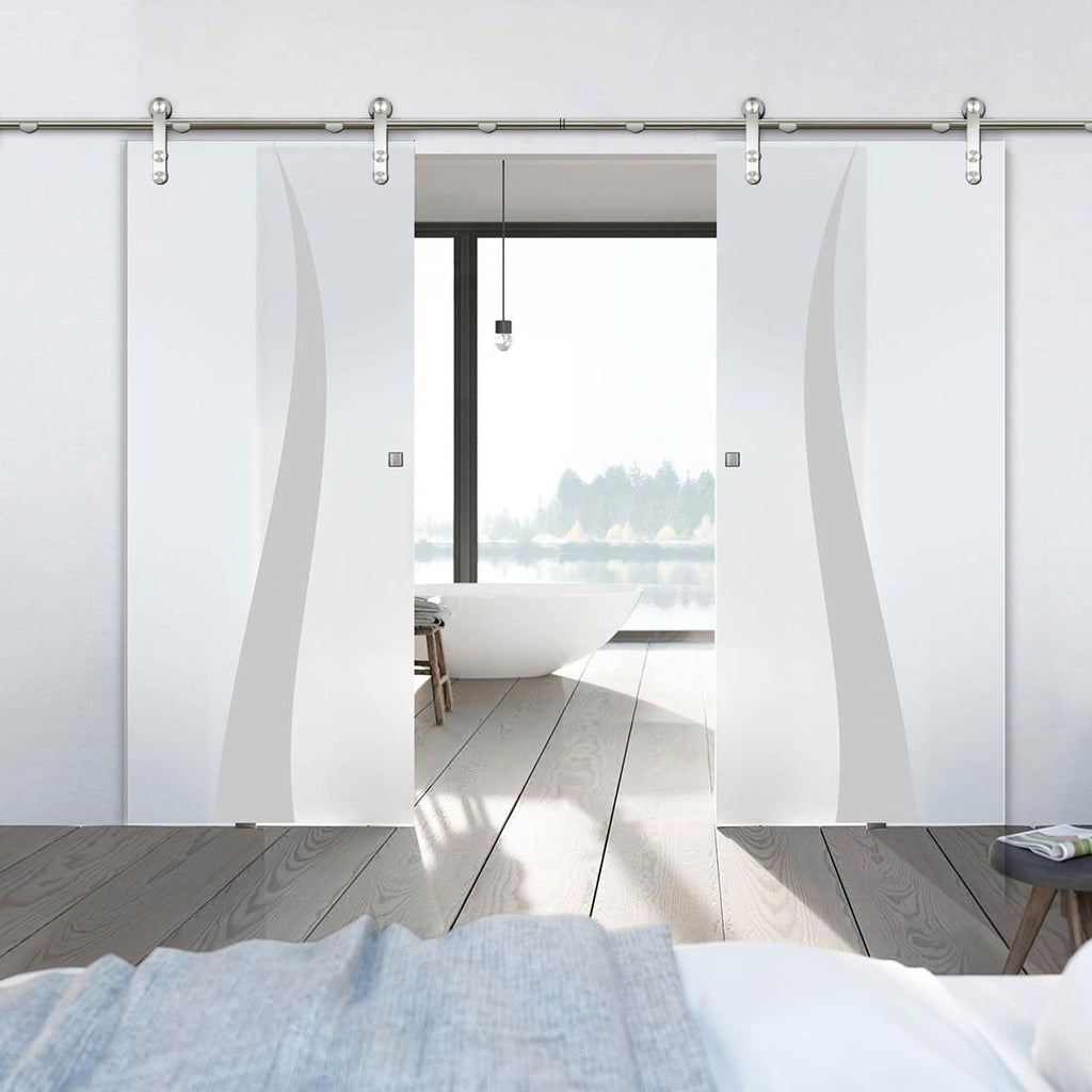 Double Glass Sliding Door - Solaris Tubular Stainless Steel Sliding Track & Roslin 8mm Obscure Glass - Obscure Printed Design