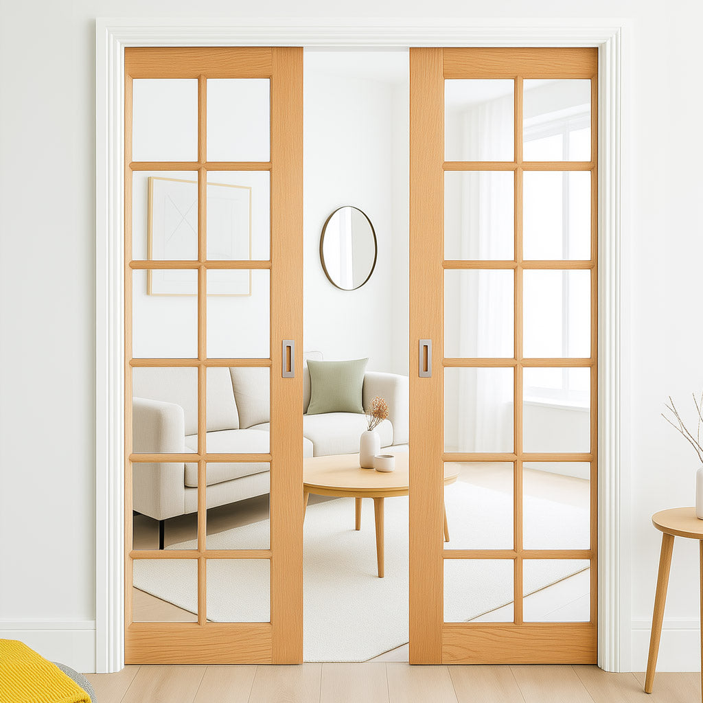 SA 10 Pane Oak Evokit Double Pocket Door - Clear Glass - Unfinished