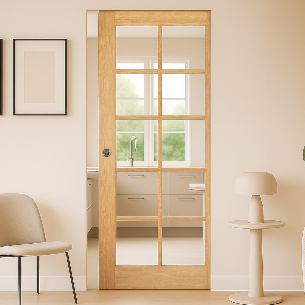SA 10 Pane Oak Single Absolute Evokit Pocket Door - Clear Glass - Unfinished